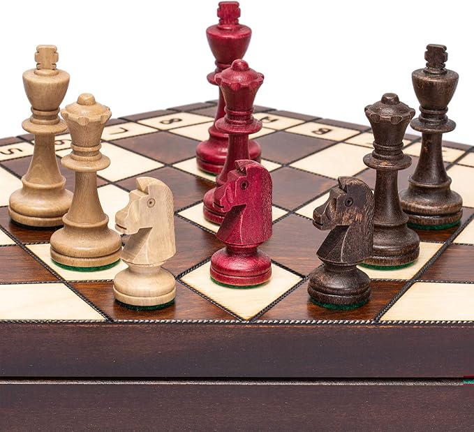 Husaria Wooden Three-Player Chess Game Set - 21 Inches - with Foldable Board, Handcrafted Playing Pieces, and Felt-Lined Storage