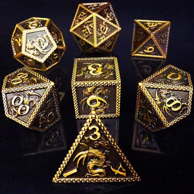 HAOMEJA DND Metal Dice Dragon Set 7 Role Playing Dice D&D Solid Dice Dungeons and Dragons (Ancient Brass)