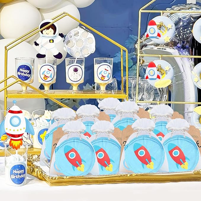 36 Pack Rocket Change Purses Set Include 12 Wallets with Keyring,12 Thank YouTags and 12 Organza Bag for Outer Space Science Fiction Themed Party, Kids Baby Shower Birthday Decor, Blue