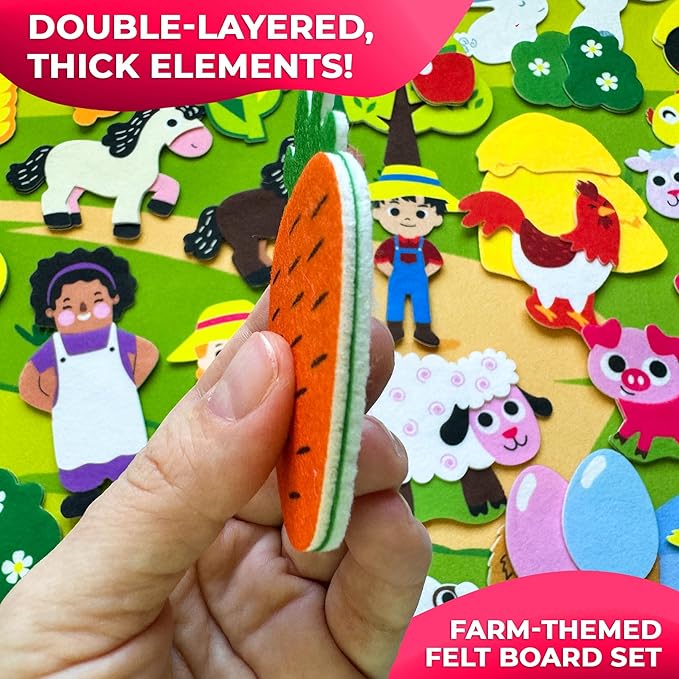 QUOKKA Farm Felt Board for Toddlers - 70 PCS Double-Thick Story Set with Large 41x30 Inch Durable Wall Activity Board - Ideal for Indoor Storytelling and Classroom Activities