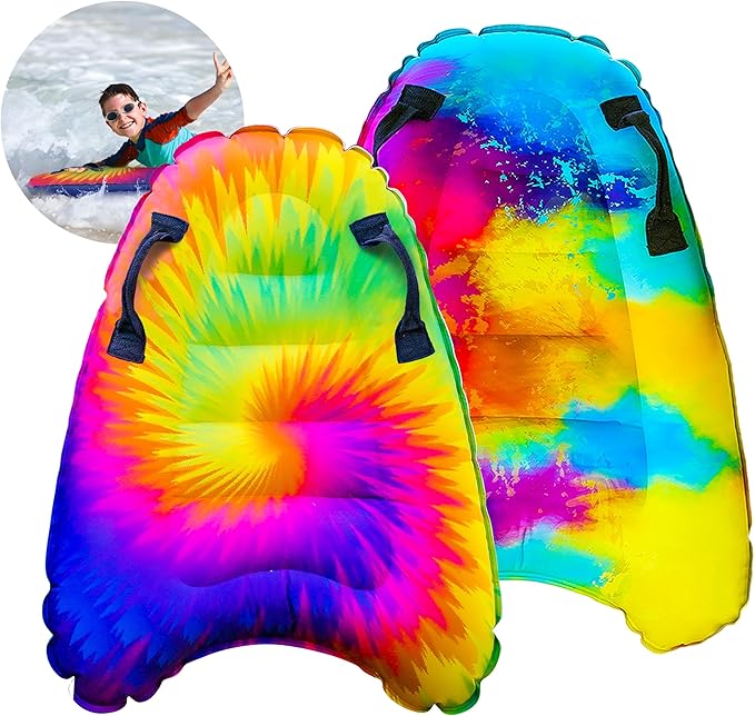 JAMBO Inflatable Surf Body Board with Handles, Boogie Board for Beach, Surfing Swimming Floating Surfboard Boards, Pool Floats Pool Beach Toy for Kids (Tie-Dye and Water Color Double Pack) - 2 Pack
