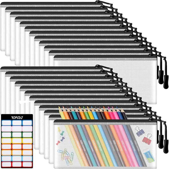 24pcs Mesh Zipper Pouch Bags 9.3 x 4.7 Inches, Black Small Clear Pouches Bulk, Travel Cosmetics Organization, Classroom and Office Supplies