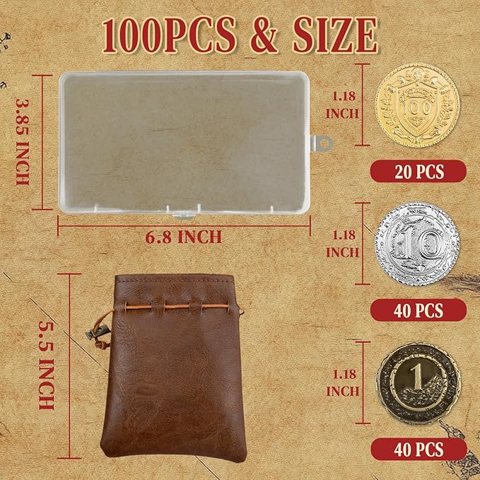 Byhoo 100 PCS Metal DND Coins, 1.2" Gold Silver Copper Tokens with Face Value for Board Game and Tabletop RPG, Fantasy Metal Coins for Pirate Game Party Cosplay