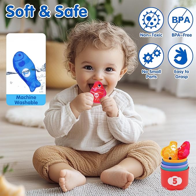 Montessori Toys for 1 Year Old - Cloth Fishing Game Baby Toys 6-12 12-18 Months with Stacking Cups - Sorting Learning Toddler Toy Age 1-2 - Babies First Birthday Gifts for 1 2 3 Year Boy Girl