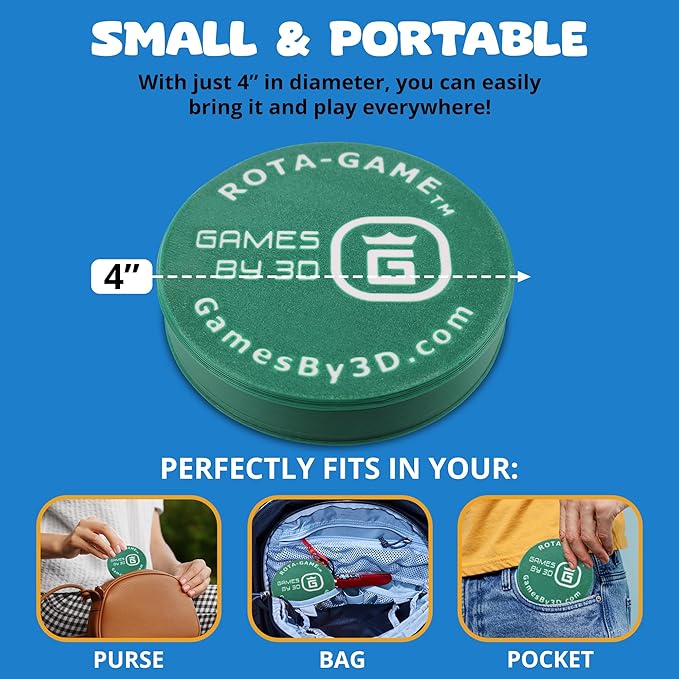 ROTA Game, Tic-Tac-Toe Game with Never a Tie, A Winner in Every Round, Ancient Roman Strategy Game, Portable 4" Board, Pockets or Purse-Size, with Horse Pieces, Made in USA (Green)