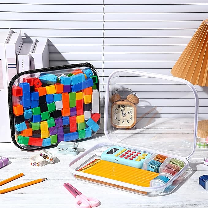 Hoolerry 4 Pcs Hard Clear Zipper Case Transparent Cases for Snacks Makeup Bag Plastic Storage Box Containers for Building Blocks, Puzzles, Cosmetics(Black and White,9.8 x 7.9 x 2 in)