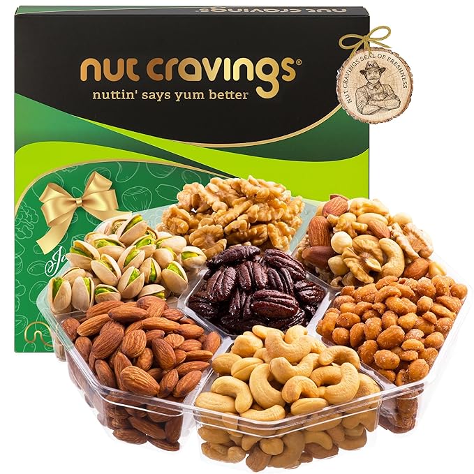 NUT CRAVINGS - Mixed Nuts Gift Basket in Green Gold Box (7 Assortments, 2 LB) Food Arrangement, Healthy Snack Care Package, Kosher