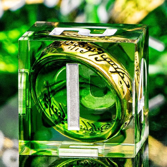 Magic Golden Ring DND Dice Set with Case, Green Resin Sharp Edge D and D Dice for use with D&D Tabletop Games Lord Handmade Polyhedral Dice Set D20 D12 D10 D8 D6 D4