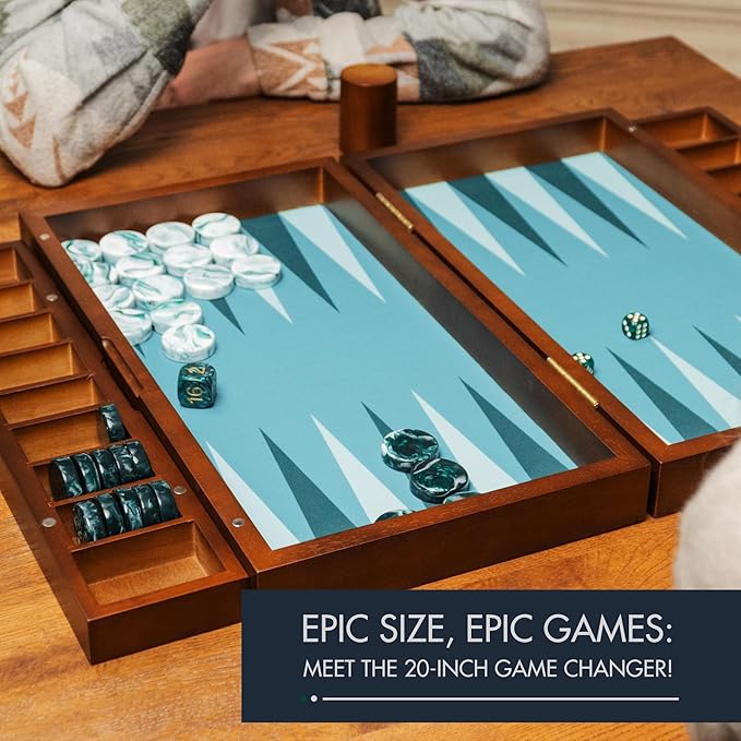 20 Inch Large Backgammon Sets for Adults, Green Backgammon Board, Solid Wood. Removable Accessory Tray, Premium 1.5 Inch Checkers & Dice Set, Backgammon Game Set Backgammon Table
