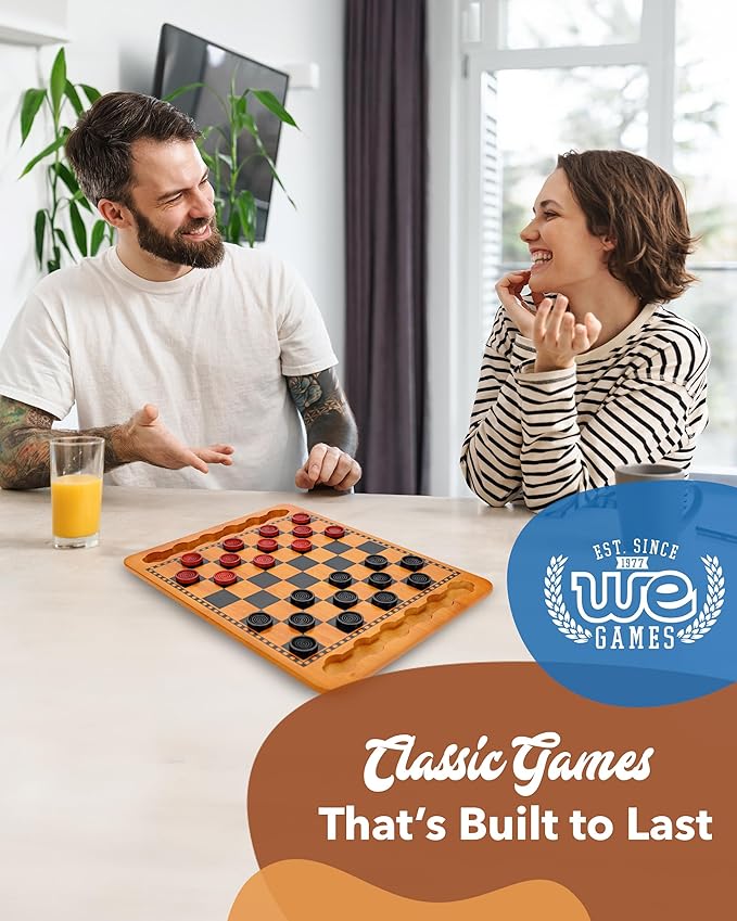 WE Games Solid Wood Checkers Board Game – 14.5-Inch Vintage Checkers Set with Inset Grooves & 24 Red & Black Board Game Pieces – Fun Family Table Game
