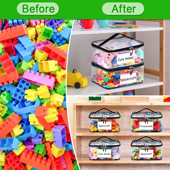 Upgraded 6 Pack Clear Toy Storage Bag - with Name Tag & Manual Pocket, Transparent PVC Toy Organizer Case with Zipper for Board Game, Building Blocks, Puzzles, Large Capacity for Kids Ages 6+ (Black)