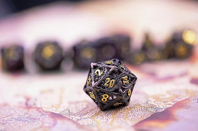 Metal DND Dice Set Dungeons and Dragon Dice Set Hollow Dragon Polyhedral Magic 7 PCS Dice Set with Gift Metal Box for Dungeons and Dragons Table Games Play Cards MTG(Dragon_Black Plus Gold)