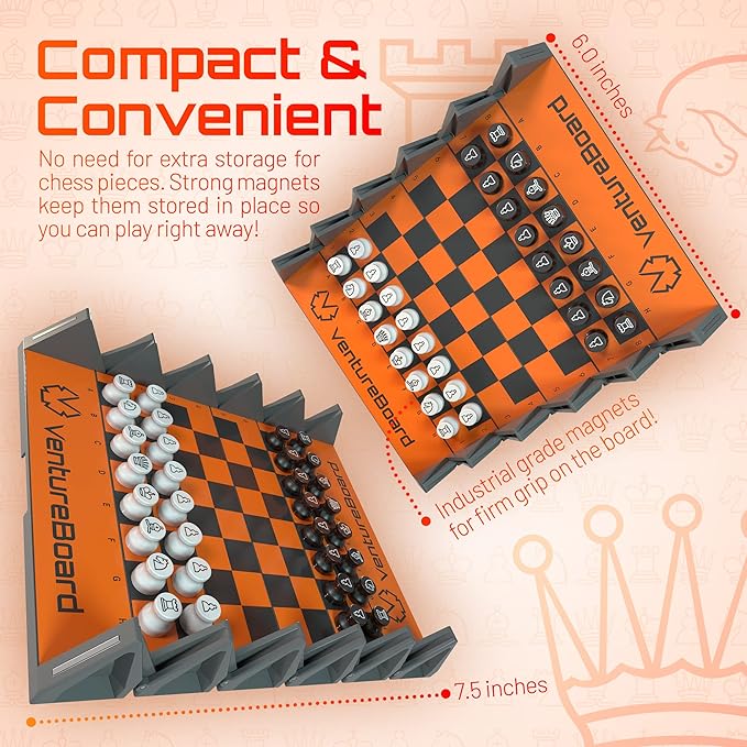 6 Inches Magnetic Unique Chess Set Board Game - 2 Extra Queens - Folding Board, Portable Travel Chess Board Game Pieces - Orange/Grey