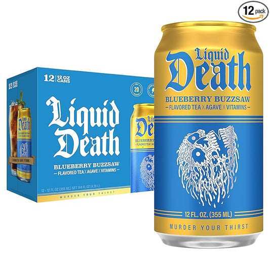 Liquid Death, Blueberry Buzzsaw Flavored Iced Tea, 12-Pack (12 oz Cans), Blueberry Flavored Black Tea, Low Calorie, No Artificial Sweeteners, B12 & B6 Vitamins