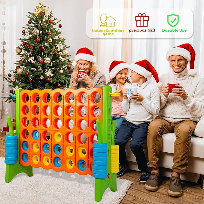 Oversized 4 in a Row Connect Game+Waterproof Carry Bag,Included-4 ft X 3.5 ft Tall,4-to-Score Jumbo with 44 Pieces Rings&Drink Holder,48” Super Size-Indoor&Outdoor Giant 4 Game for Kids&Adults