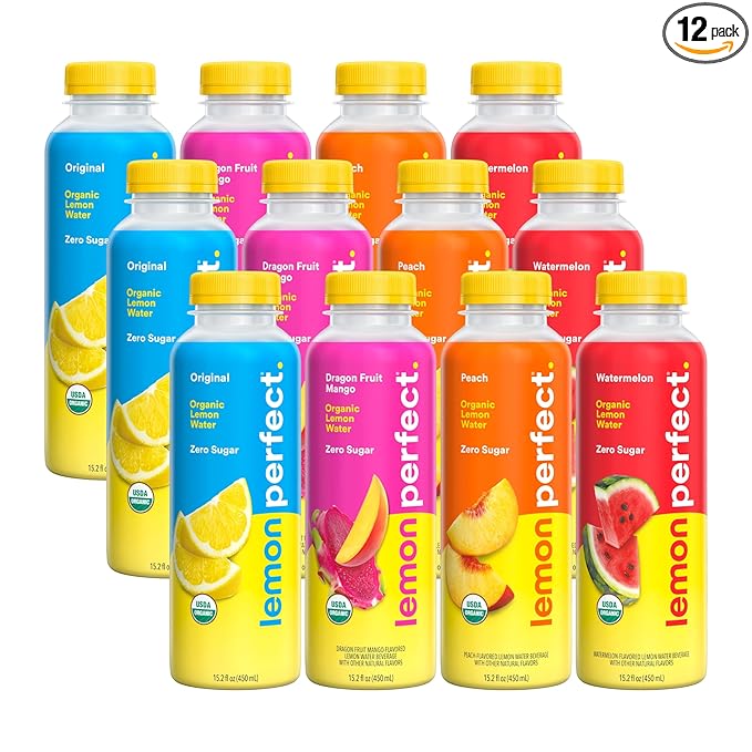 Lemon Perfect 4-Flavor Variety Pack, Flavored Lemon Water, Organic, Zero Sugar, Healthy Hydration Drinks, 15.2 fl oz Bottles (12-Pack)