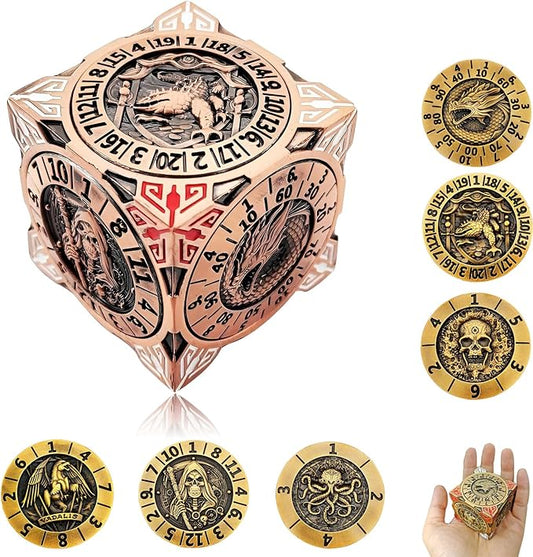 2025 New DND Spinner Dice, 7-in-1 Metal Dice Set with 3D Relief for Dungeons and Dragons Gifts, Polyhedral Roleplaying Game Dice, Fantasy D&D Tabletop RPG Accessories for DM & Player (Red Copper)