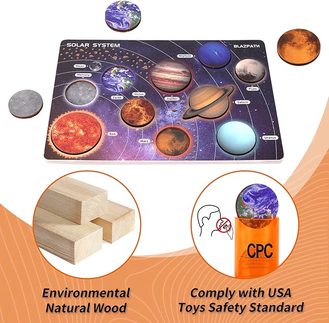 Solar System Wooden Puzzle Toy Model for Kid 3-5, Toddler Montessori Movable Planet Name Board Game, Outer Space Themed Imaginary Sensory Play Gift, Preschool Science Stem Learning Activity
