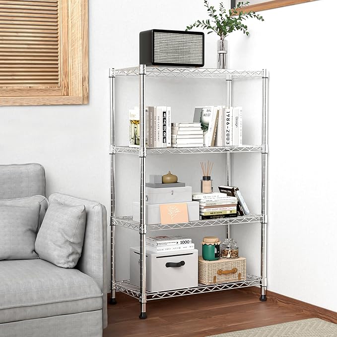 1000 lbs Storage Shelving Steel Heavy Duty 4-Tier Utility Shelving Unit Steel Organizer Wire Rack for Home,Kitchen,Office,Chrome (13.7" D x 29.5" W x 47.2" H)