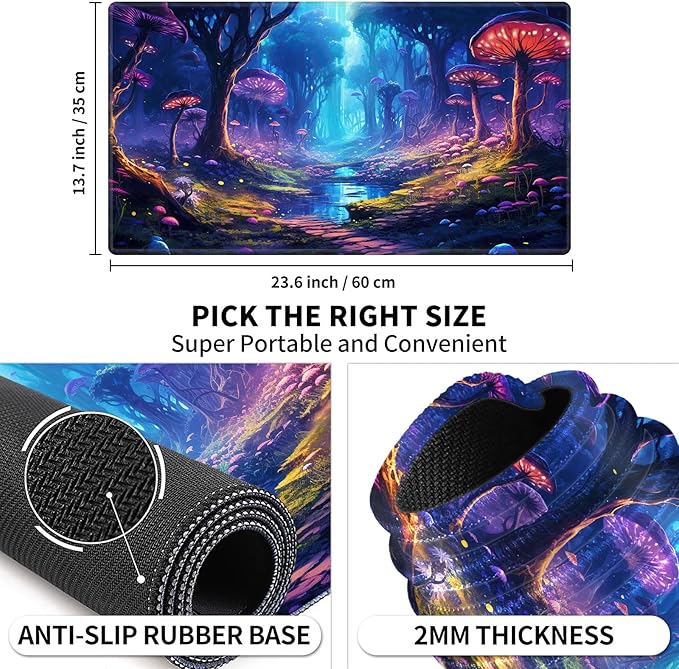 Playmat with Zones for MTG Card Game Playing, Game Mats Tabletop Magic Play Mats 24"x14" Commander Deck Gaming Desk Duel Mat Card Gameplay Mats for Beginner, Glowing Forest Mushroom