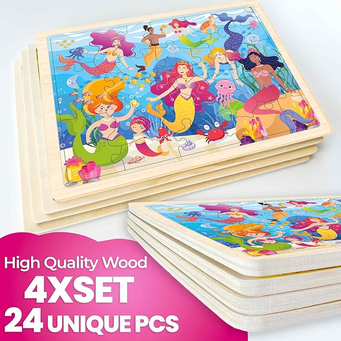 QUOKKA 4SET Puzzles for Kids Ages 4-6 - 24 Pcs Wooden Toddler Puzzles Ages 3-5 - Mermaids, Princesses, Unicorns Learning Games for Boys and Girls 4-8 Year Olds