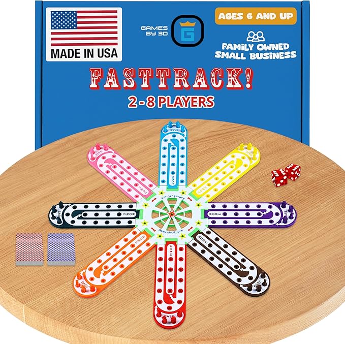 Fast Track Board Game - 2-8 Players, Fast-Paced, Fun, Compact, Portable & Durable, 3 Play Options, w/Horse-Head Pegs & 2 Decks of Cards, Vibrant Color, Perfect for Travel & Game Nights