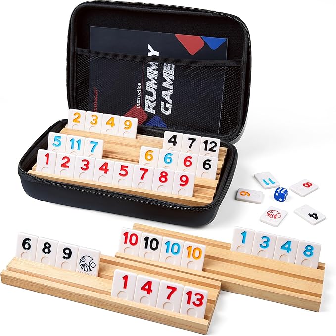 Rummy Cube Game Set with 4 Wooden Racks,106 Rummy Tiles and Portable Case,Classic Travel Board Games for Family Adults and Kids