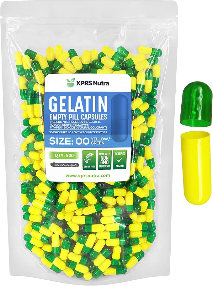 XPRS Nutra Size 00 Empty Capsules - 500 Count Empty Gelatin Capsules - Pills DIY Capsule Filling - Fillable Pill Gel Caps for Do-It-Yourself Supplements (Green/Yellow)