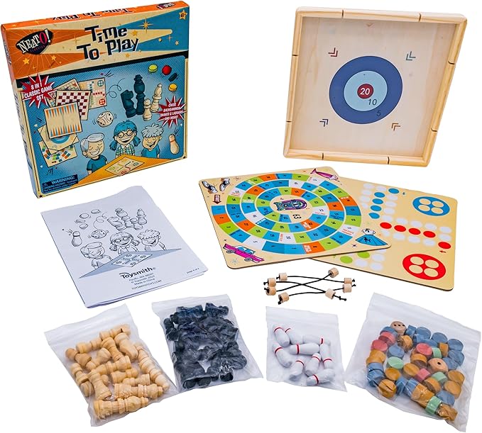 Neato Time to Play 8-in-1 Wooden Board Game Set – Chess, Checkers, Backgammon, Bowling, Sling Puck, Snakes and Ladders, Racing – Classic Family Game for Kids & Adults – Great for Game Night & Travel