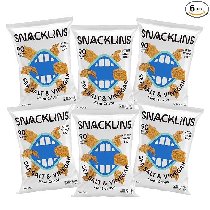 SNACKLINS Plant Based Crisps SEA SALT & VINEGAR - Gluten Free, Grain Free, 100% Kosher, Vegan Healthy Snacks, Crunchy Puffed Snack, Only 100 Calories Per Bag - .9oz Bag (Case of 6)
