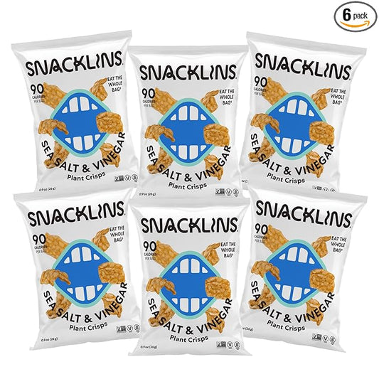 SNACKLINS Plant Based Crisps SEA SALT & VINEGAR - Gluten Free, Grain Free, 100% Kosher, Vegan Healthy Snacks, Crunchy Puffed Snack, Only 100 Calories Per Bag - .9oz Bag (Case of 6)