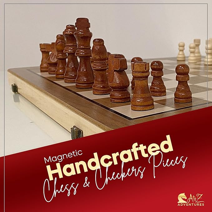 Magnetic Chess and Checkers Game Set - 15" (2 in 1) Folding Wooden Chess Sets for Adults & Kids with 2 Extra Queens | Travel Chess Board Game with Chess Pieces Storage Slots, Luxury Gift with Storage