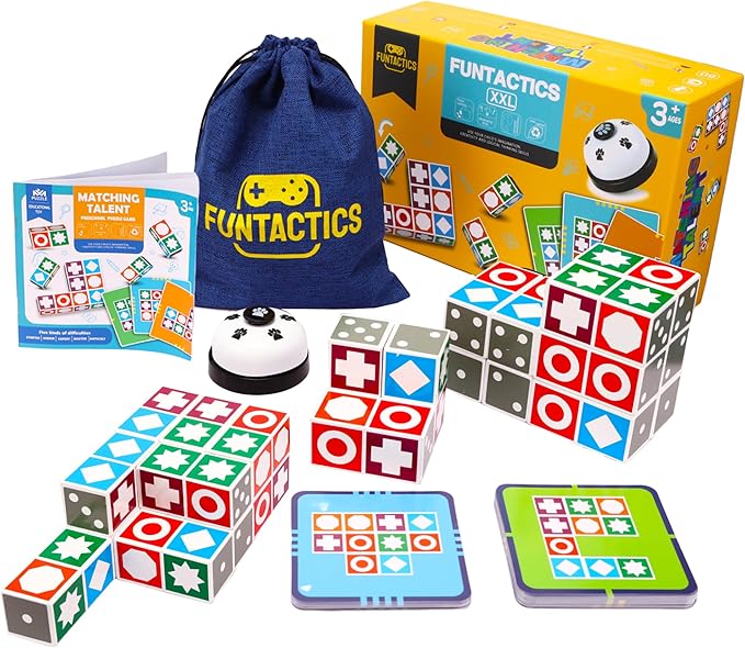 XXL Funtactics Wooden Matching Game Puzzle 3.0 Games, Pattern Block Match Puzzles Building Cubes with Bell for Kids and Adults Toys Board Games for Family Holidays Night 5 Players