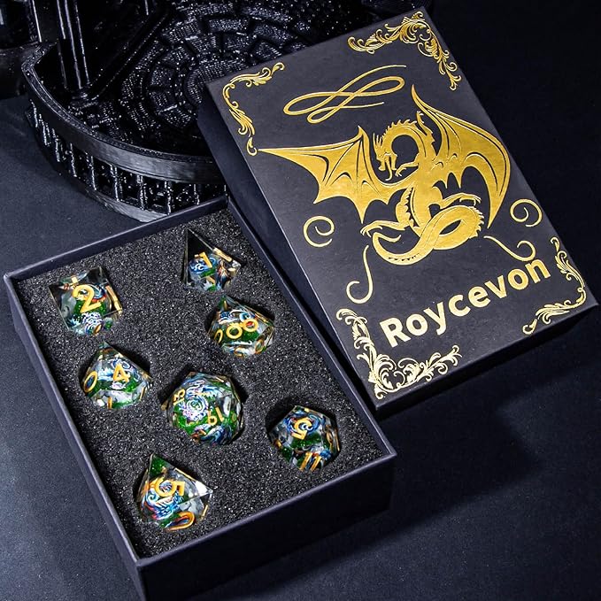 Dragon Pattern Liquid Core DND Dice Set, 7Pcs Sharp Edge D&D Dice with Gift Box, Green Resin Dungeons Dragons D and D Role Playing Dice D20 D12 D10 D8 D6 D4