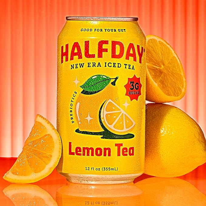 HALFDAY Prebiotic Lemon Iced Tea Cans, Supports Digestive & Gut Health, 6g Plant Fiber & Prebiotics, Low Sugar, 35 Calories, Real Brewed Tea, Natural Caffeine, Gluten Free, Keto, 12 fl oz (12 pack) Packaging May Vary