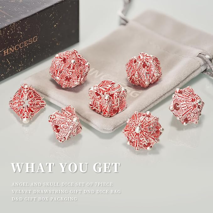 Matt Red White DND Metal Dice 7 PCS Skull Hollow D&D Dice Set for Dungeons and Dragon Gifts of Tabletop Game (Matte Red with White Skull)…