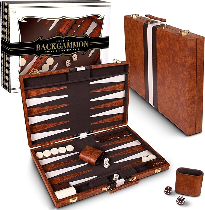 Backgammon Set 15 inch, Medium - Classic Board Game for Adults and Kids with Premium Leather Case - Includes Strategy & Tip Guide (Brown)