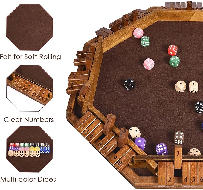 Vamslove Shut The Box Dice Game for 8 Players Upgraded Wooden Board Table Math Game with 16 +6 Dices - Educational Game for Kids, Adultsâ€‚(Instruction Included)