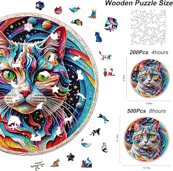 Wooden Puzzle for Adults – Unique Cat-Shaped Jigsaw, Animal Desgin Brain Teaser for Kids & Teens, 200 Pieces, 10"x10", Ships as Whole Puzzle Board (No Loose Pieces), Gift-Ready Box, Fun Family Game,