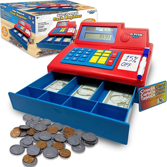 Dr. STEM Toys Solar Powered Calculator Pretend Cash Register with Play Money – 67-Piece Set for Learning Math Skills, STEM Cash Register for Kids, Red