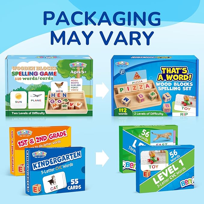 BenBen Spelling Games with Flash Cards, Montessori Toys for 3 4 5 6 Years Old Kids, Wooden Matching Letters Games, CVC Word Educational Learning Toys, Gift for Preschool Kindergarten