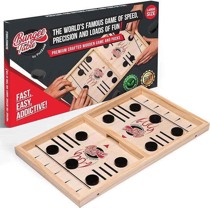 Fast Sling Puck Game - Test Your Speed and Accuracy with This Fast-Paced Wooden Air Hockey Board Game - Guaranteed Fun for Family Night or Friends Party