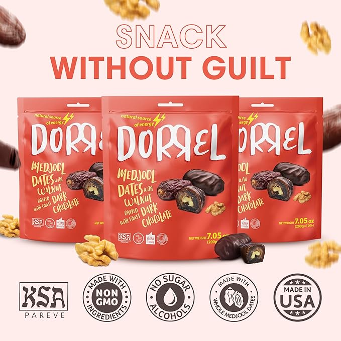 DORREL - Belgian Dark Chocolate Covered Dates (Medjool) with Walnuts Stuffing, High Energy Vegan Choco Snack, Delicious, Kosher & Non-GMO, Pack of 3 Stuffed Chocolate Dates, 7.05 oz / 200 g Ea