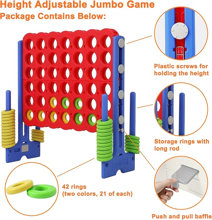 Giant 4 Connect in a Row Game, Height Adjustable Jumbo Yard Games for Kids and Adults Outdoor Play, Backyard Large Four Connect Floor Games, Patent Authorized (Blue/Red)
