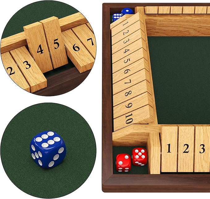Shut The Box Game, 4 Player Wooden Board Game Dice Game, Classic Math Learning Game for Kids -12" x 12"