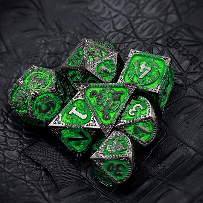 Haxtec Metal Dice Set Green Black Dragon Pattern Metal DND Dice with Leather Dice Bag Polyhedral D&D Dice for Dungeons and Dragons TTRPG Gifts