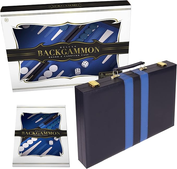 Backgammon Set 11 inch, Small - Classic Board Game for Adults and Kids with Premium Leather Case - Includes Strategy & Tip Guide (Blue)