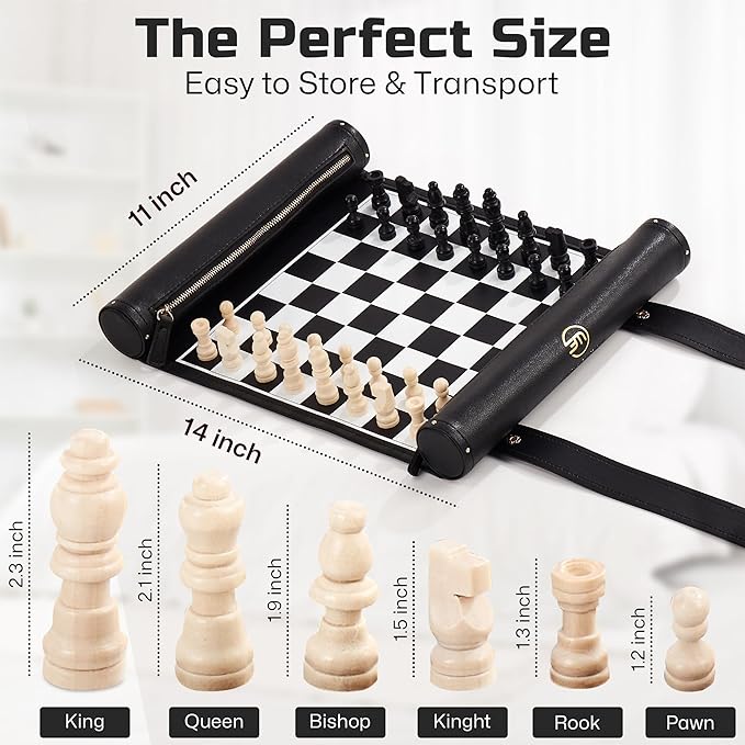 Roll Up Chess Set - 11" Foldable Leather Chess Mat with Wooden Chess Pieces - Portable Travel Chess Set with Straps - Perfect Chess Game for Airplane, Camping, and More (Black)