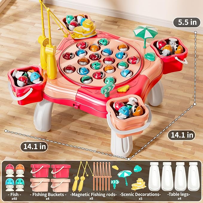Magnetic Fishing Game Toys, Rotating Board Game with Music Including 48 Fishes and 8 Fishing Poles, Party Game Toys for Kids Age 4 5 6 7 8 and Up