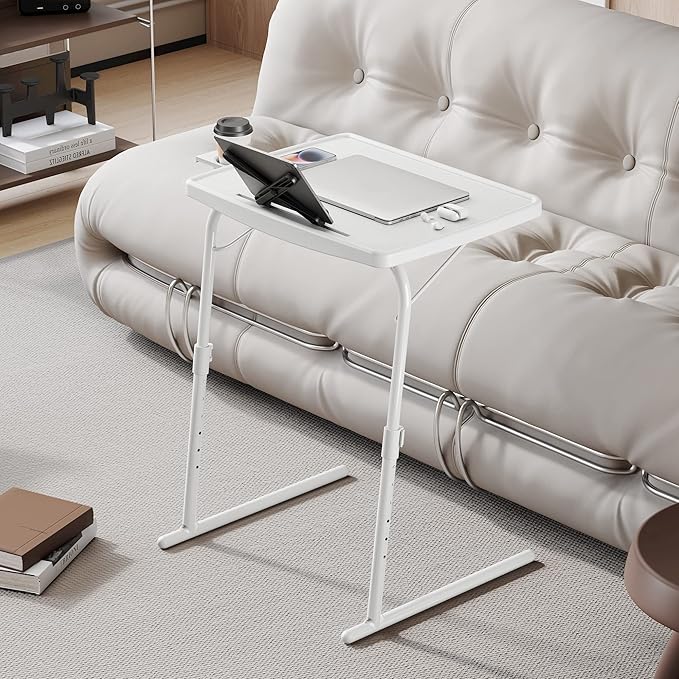 Allpop X TV Tray Table, TV Dinner Tray for Eating, Large Adjustable Folding Laptop Table with Book Stand, Cup Holder & Tablet Slot on Couch & Bed with 6 Heights & 3 Tilt Angles, White